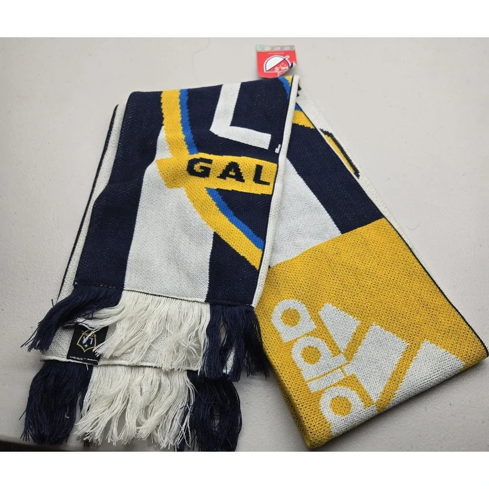 LA Galaxy Men Scarf ONE SIZE Navy Blue Adidas‎ Colorblock Fringe Logo Knit NWT